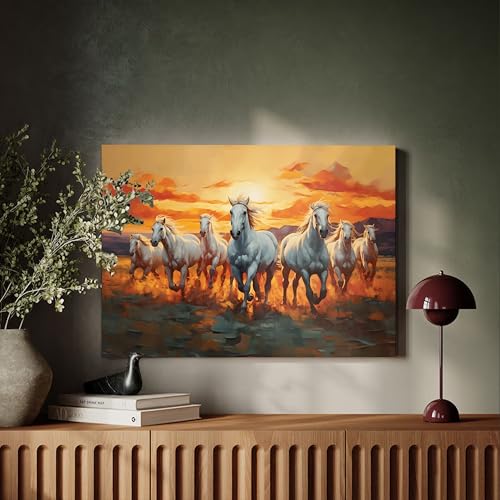 Image of 7 Running Horses Vastu Stretched Canvas Painting For Living Room Seven White Horses Wall Art Painting Symbol of Success, Growth & Positive Energy Wall Art for Home & Office, 12x16 Inch