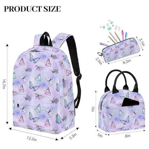 Image of Butterfly Printed Backpack Set for Girls Kids, 3Pcs Bookbag with Pencil Case for school, 17 Inch Lightweight Laptop Backpack with Lunch Bag for Women Teens Office, High School