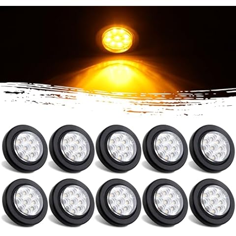 10Pcs 2” Inch Round Led Marker Lights 9 Amber LED Reflectors Clear Lens, 2 Inch Round LED Truck Trailer Clearance Side Marker Lights w/Light Grommets and 2 Prong Trailer Wire Pigtails 12V Waterproof Cover