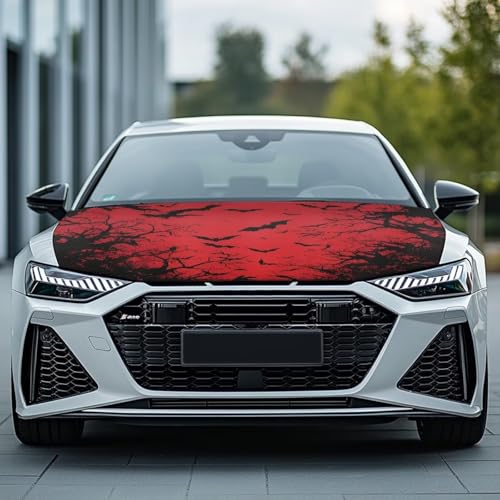 Image of Bat Print Car Hood Cover All Weather Protection Automotive Exterior Accessories Universal Fit Hood Covers for Cars, Trucks, SUV, or Van Full Coverage Halloween Decor