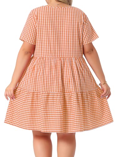 Image of Agnes Orinda Plus Size Gingham Dresses 1950s Vintage Plaid Round Neck Short Sleeve Tiered Midi Summer Dress