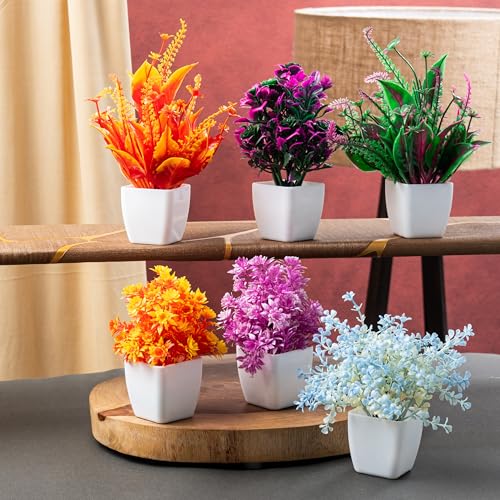 Image of JH Gallery Artificial Plants, Small Indoor Potted Houseplants for Home Decor, Decoration Items for Living Room, Office and Bedroom, Artificial Plants with Pot (Pack of 6)