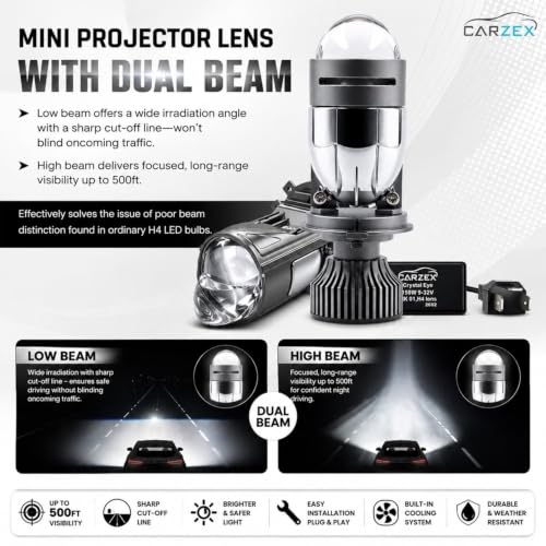Image of Carzex 150W Mini Projector H4 LED Headlight Bulb Super Bright 12,000LM - 6500K Cool White Dual Beam LED for Cars with H4 Socket, High Power Headlamp Projector
