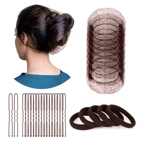 ZefeqCo 120Pcs Hair Net Accessories - 50Pcs Hair Bun Nets (20inch) 45Pcs Hair Pins (2.4inch) 25Pcs Hair Ties for Girls & Women - Brown
