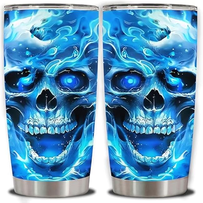 1pc 20oz Ethereal Blue Flame Skull Tumbler with lid, Stainless Steel Vacuum Insulated Double Wall Travel Cup for Men Women, Mother Day, and birthday gifts