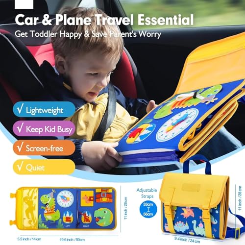 Image of PATPAT Dinosaur Toddler Busy Board Backpack, Montessori Toys for Boys Girls 1 2 3 4 Year Old, Early Educational Activity Baby Sensory Toy with Learn to Lace, Zipping, Portable Busy Board for Travel