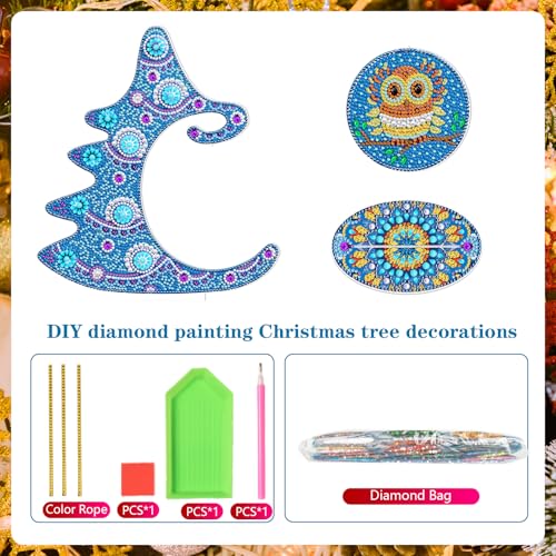 Image of AiYuanzsh Blue Christmas Tree Diamond Art Tabletop Ornament with Owl Hanging Kit, Acrylic Diamond Painting Desktop Decoration Kit, DIY Holiday Diamond Art Crafts 9.84 x 11.22 inch