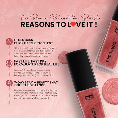 Image of CORAL SILK Vegan Nail Polish Coral Color | Long Lasting Chip Resistant Formula | Quick Dry Glossy Finish | Non Toxic & Cruelty Free Nail Paint for Women | 10 ml