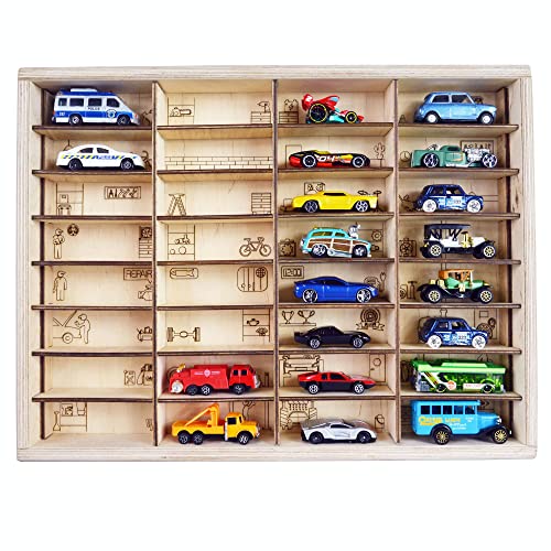 PELLER'S Étagère de Rangement pour Petite Voitures, Boîte de Rangement, Présentoir de Mini Voitures. 32 Compartiments. Image de Garage sur Le Fond.