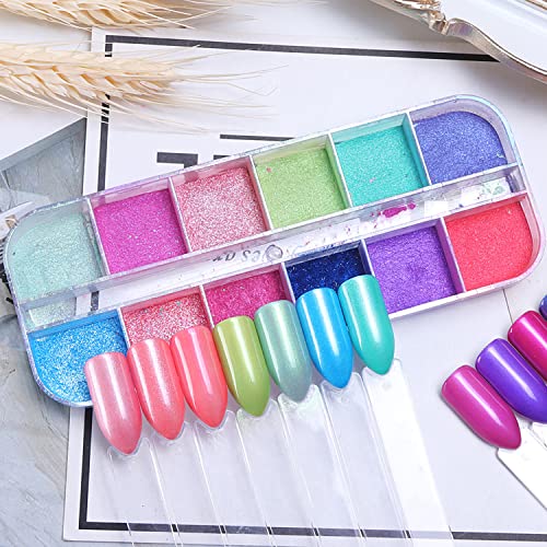 12 Colors Pearl Light Rouge Powder, Aurora Color Pigment Nail Art Dust Designs, Women Girls Manicure Tips Charms Decorations, Acrylic Nails Powder For Nail Art Gel Polish Dipping Liquid #TOP5