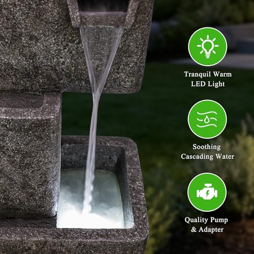 Image of 3-Tier Square Outdoor Water Fountain, Resin with LED, 27.5 in | Cascading waterfall feature, modern freestanding design, indoor & outdoor decor for patio and garden