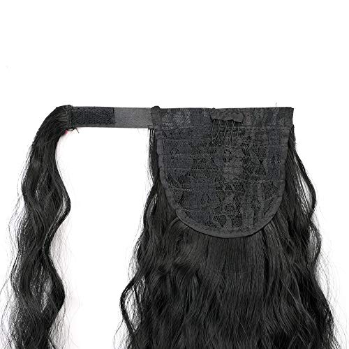Corn Wave Ponytail Extension Long Ponytail Extension Curly Wavy Synthetic Drawstring Ponytail Magic Paste Black Wrap Around Clip in Ponytail Hairpiece(1B)