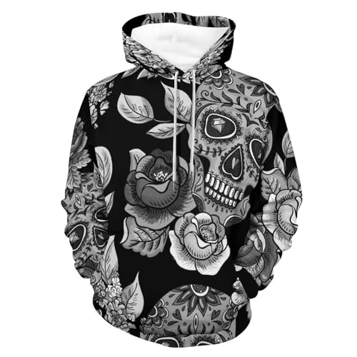 Sweat à Capuche Crâne UMENG - Pull Confortable Noir et Blanc pour vos Sorties Urbaines et Détente