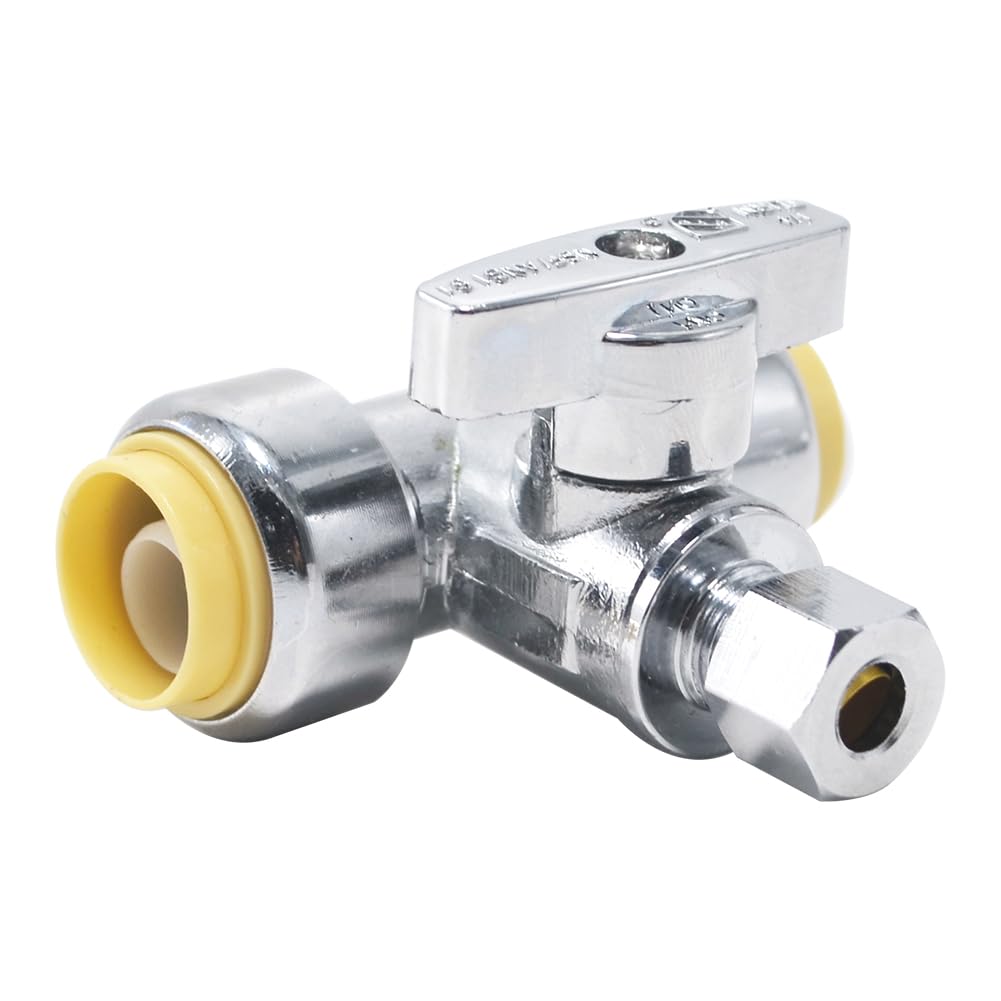 Service Tee Stop Valve, 1/2" Push x 1/2" Push x 3/8" Compression, 1/4 Turn, Compression Service Stop Fitting, Water Valve Shut Off, Push-to-Connect, PEX, Copper, CPVC, PE-RT