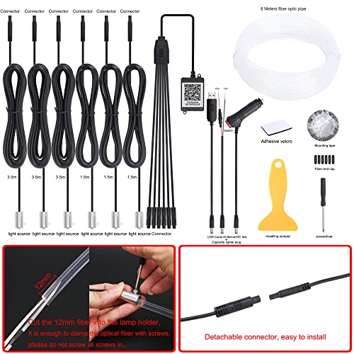 QAUBEN Car Ambient Lighting Optic Fiber Cable 64 Colors Music Sound Active with APP Control Car Decorative Atmosphere Lighting Kit DC 12V 1W 8m