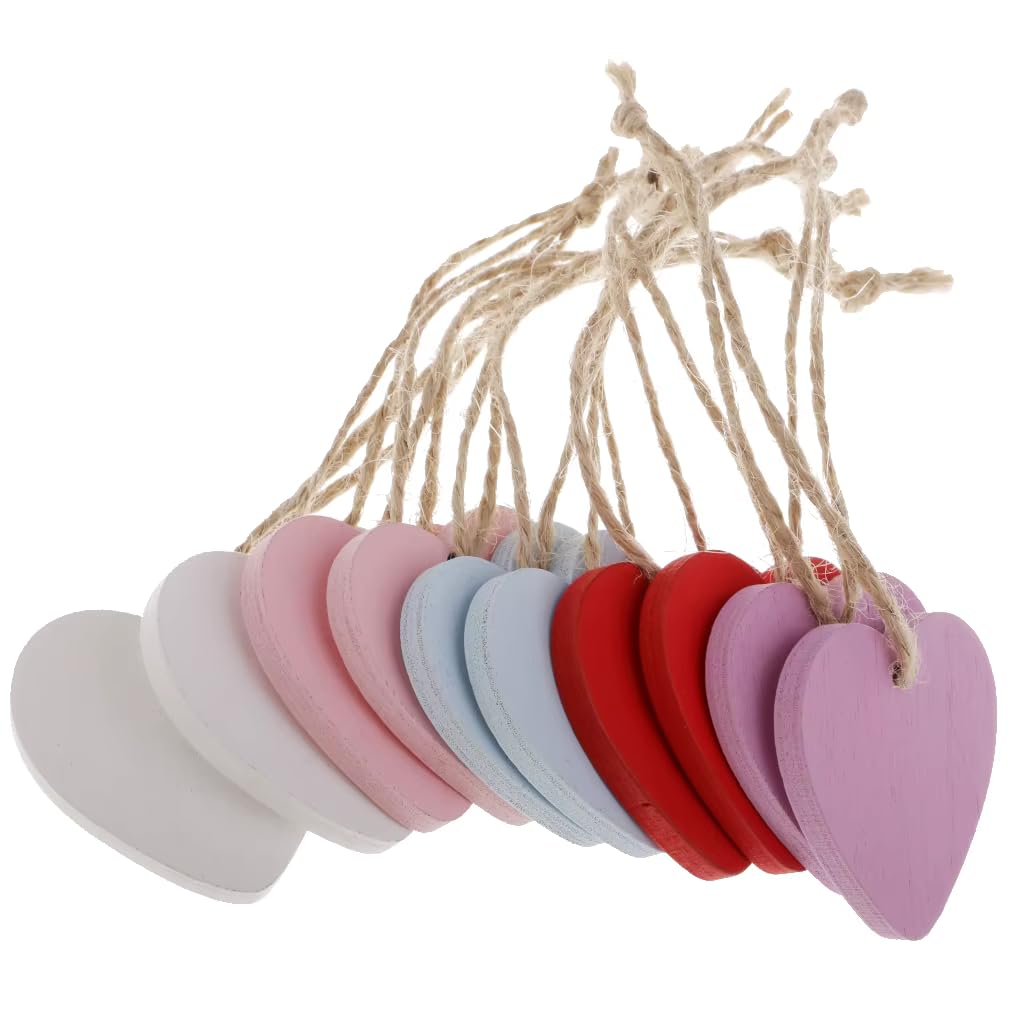 Multicolour Wooden Love Hearts (10 Pack) with String (Red, Pink, White, Purple & Blue) – Painted MDF Wood Heart Shapes (4cm x 4cm) with Hanging Hole - Decorations, Wedding, Anniversary, Valentines