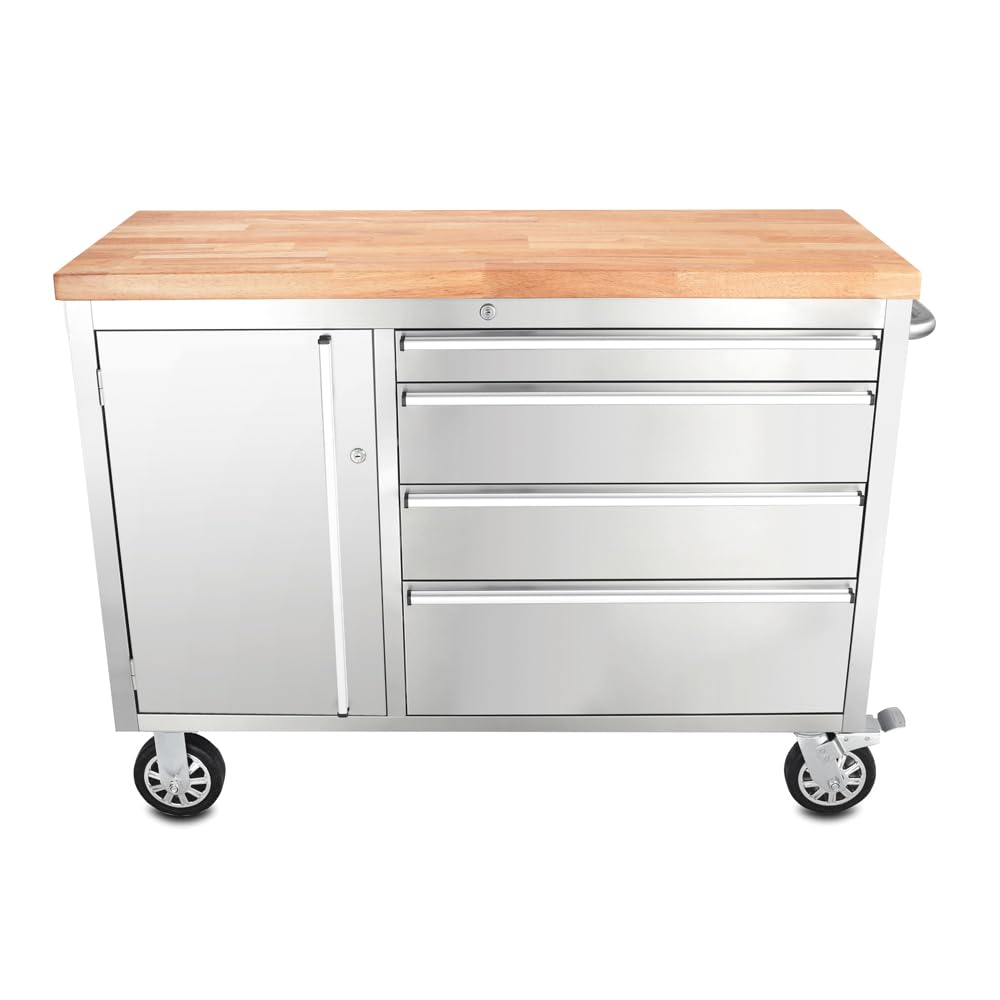 Ondis24 Carrello portautensili in acciaio inox con 4 cassetti scorrevoli e piano di lavoro in legno massiccio XL, ruote girevoli (grigio, 130 x 49 x 92)