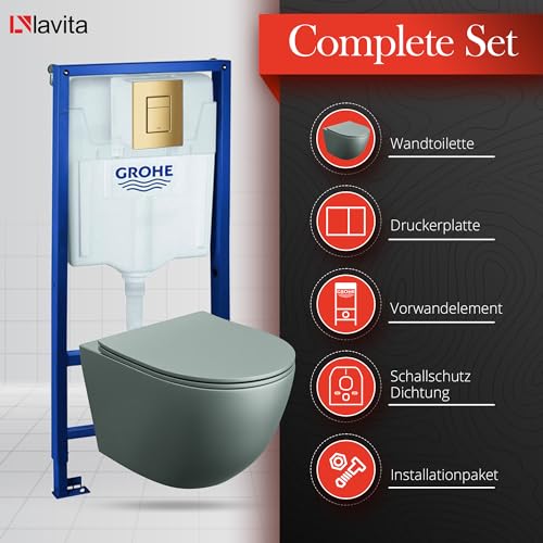 Lavita Vorwandelement Solido + Wand Hänge WC Sinto Grau Spülrandlos + WC Sitz mit Absenkautomatik Goldener Knopf Komplettset Unterputz Spülkasten Toilette Komplett Sett WC – Bild 4
