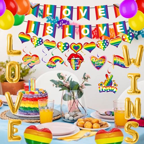 Image of Pride Party Decorations Set, LGBTQ Decor Kit Include 42 Balloons, 12 Rainbow Hanging Swirls, 2 Bright Love Banners, 2 Rainbow Foil Fringe Curtains for Pride Month Party Supply