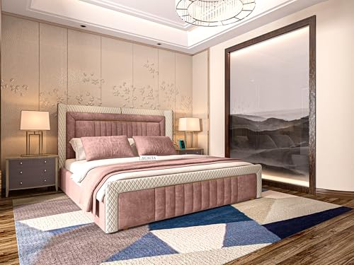 Image of Acacia Modern Upholstered King Size Bed with Box Storage for Bedroom | Wooden Double Bed with Storage | Platform Cot Bed with Upholstery Premium Fabric | 6.5 x 6 Ft | Sheesham Wood | Dusty Rose