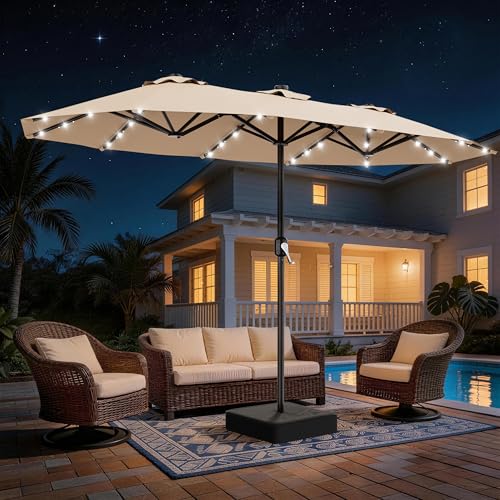 AreShark 13 FT Patio Umbrella with Solar Lights Double-Sided Outdoor Table Umbrellas with Crank Large Rectangular Market Umbrella for Porch Lawn Pool Backyard Beige