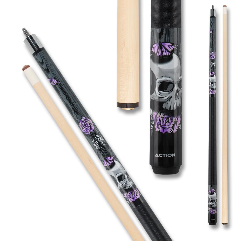 Eight Ball Mafia EBM14 Pool Cue - Black with Grey Skulls,Purple Roses and Butterflies - 18oz