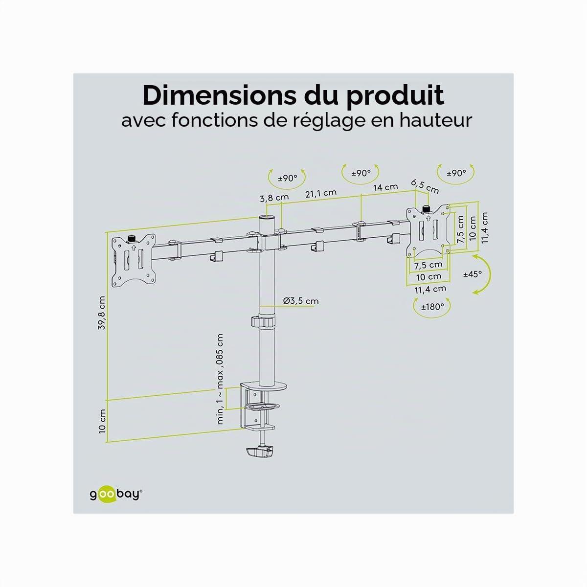 goobay Support Double Moniteur 17-32 Pouces Orientable Réglable en Hauteur VESA 100x100 2X Jusqu'à 8 kg - Basic - 58529