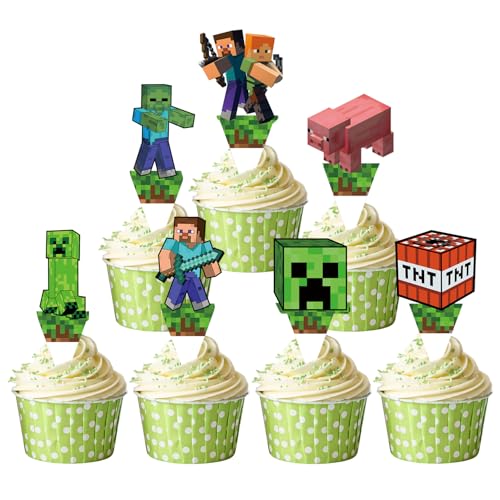 Pixel Style Cupcake Toppers – Miner Video Game Theme Decorations for Kids Birthday, 7 Designs Cake Picks for Boys and Girls, Birthday Party & Dessert Table Supplies