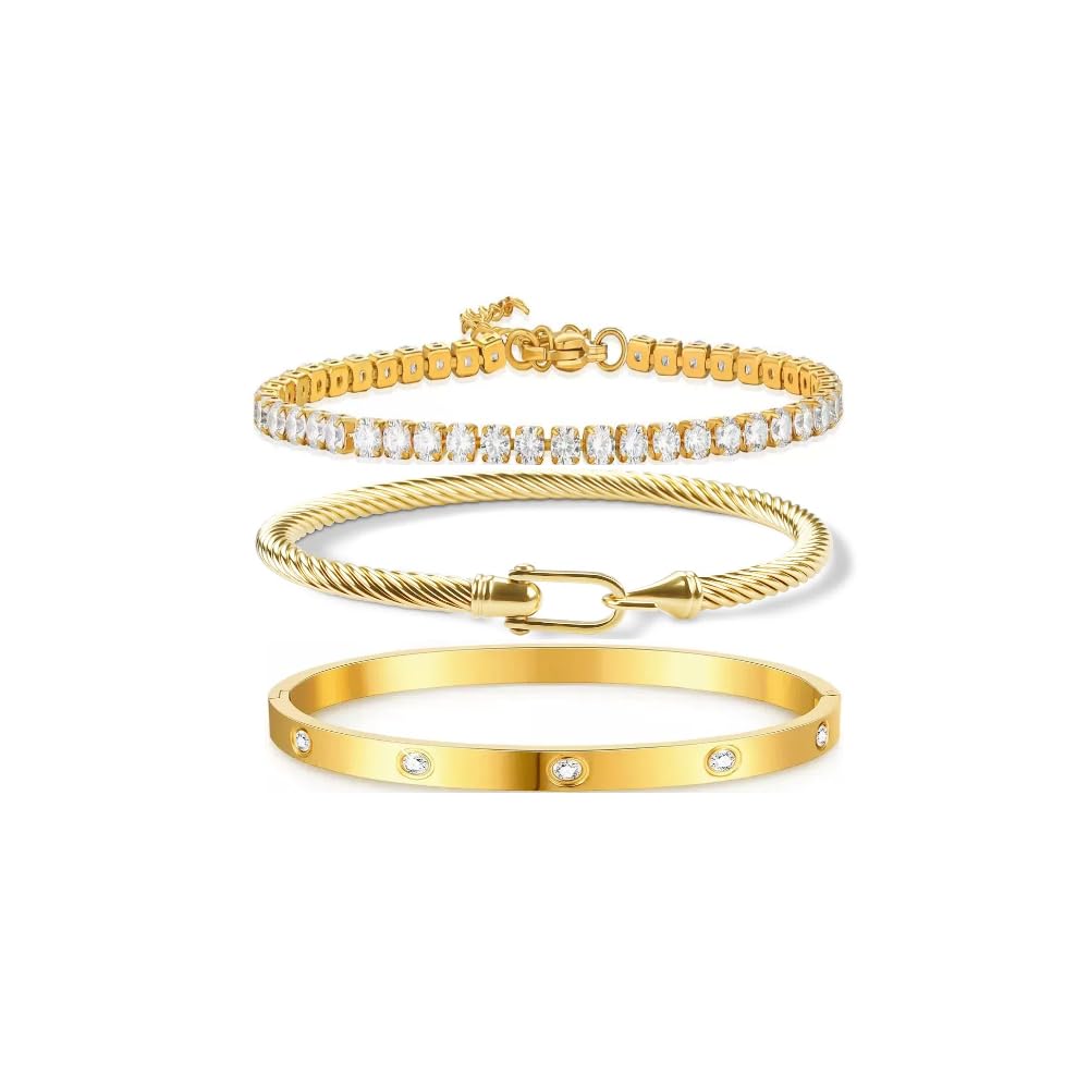 NEKVFO 18K Gold Plated Love Bracelet Set, Zircon Adjustable Bracelet Horseshoe Buckle Cable Bracelet, 3-Piece Women's Stackable Gold Bracelet Jewelry Set