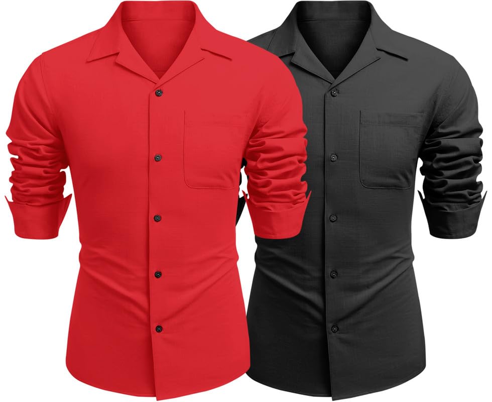 Image of Combo of Men's Casual Cotton Blend Shirt || Long Sleeve Button Down with Spread Collar | Lightweight Breathable Fabric | Stylish Solid Shirt for Beach, Office & Everyday Wear Pack of 2