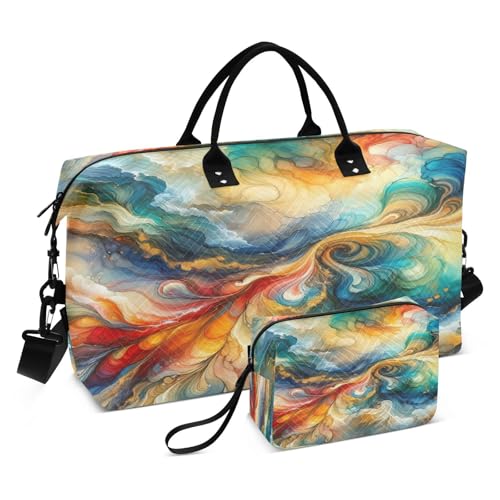 susiyo Rainbow Ink Painting Expandable Travel Duffle Bag, Large Weekender Overnight Bags and Adjustable Strap, Carry On Shoulder Tote Bag, Gym Duffel Bag with Toiletry Bags for Hospital