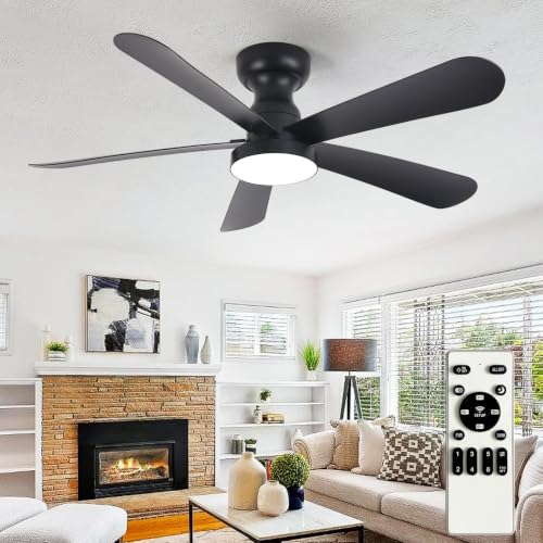 Image of Depuley Black Ceiling Fan with Lights: 42-Inch Flush Mount Fan with Light and Remote - Low Profile Ceiling Fans Reversible Quiet DC Motor for Bedroom Living Room Indoor Outdoor