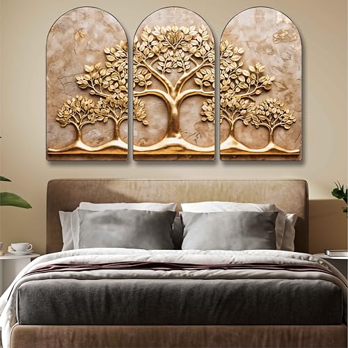 Image of Livin'luxe Golden Tree of Life Wall Painting - 3 Panel Modern Art Luxury Nature-Inspired Wall Decor for Living Room, Bedroom, Office & Meditation Spaces 30 x 50 Inch
