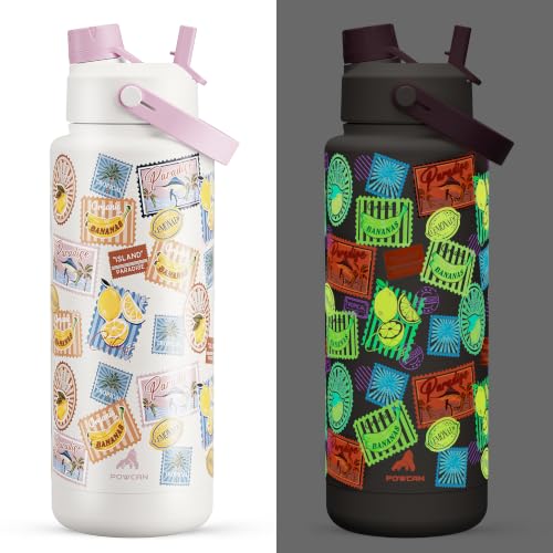 Image of POWCAN 40 oz Insulated Water Bottle with 2-in-1 Straw and Spout Lid, Glow-in-the-Dark, 24H Cold, Leakproof, BPA-Free, Double Wall Stainless Steel for Sports, Gym, Travel, and School (Island Post Co.)