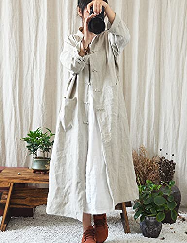 NFYM Women Vintage Cotton Linen Trench Coats Button Stand Solid Color Long Sleeve Pockets Long Jackets4