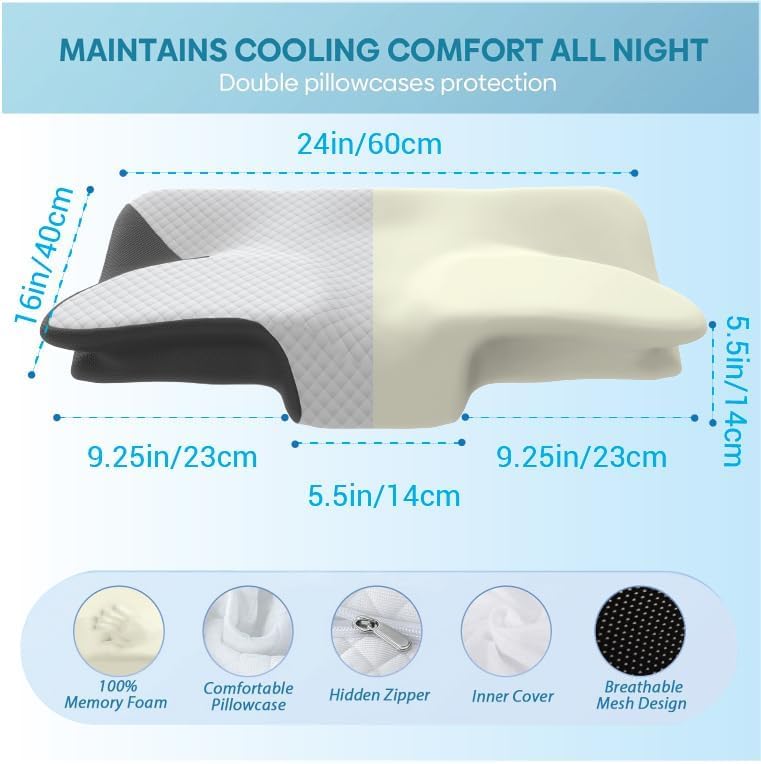 CloudBliss Cervical Contour Memory Foam Pillow for Sleeping,Orthopedic Pillow for Neck Pain, Support for Back,Stomach,Side Sleepers, with Breathable Zip Cover (24 X 16 X 24 INCH) 2