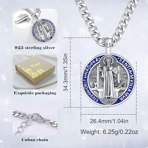 Vito 925 Sterling Silver Saint Necklace for Women Men, St Benedict/Crucifix/Caravaca/St Christopher/St Jude Pendant Patron Medal Amulet Medal Religion Jewelry Gift4