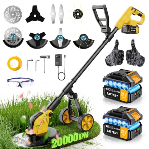 Débroussailleuses Electrique sans FI 21V,Coupe Bordures sans Fil avec 2 * 3.0Ah Batterie et Chargeur,Moteur Brushless 800W,30CM Débroussailleuse à Batterie...