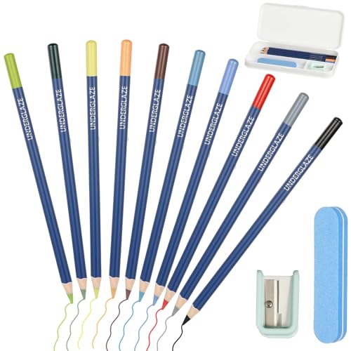 gisgfim 10Pcs Underglaze Pencils Water-Based Underglaze Pencil Set Under Glaze Ceramic Pencils Ceramic Colored Pencil Include Pen Case Eraser and Sharpener Pottery Decorating Tools for Art Creation