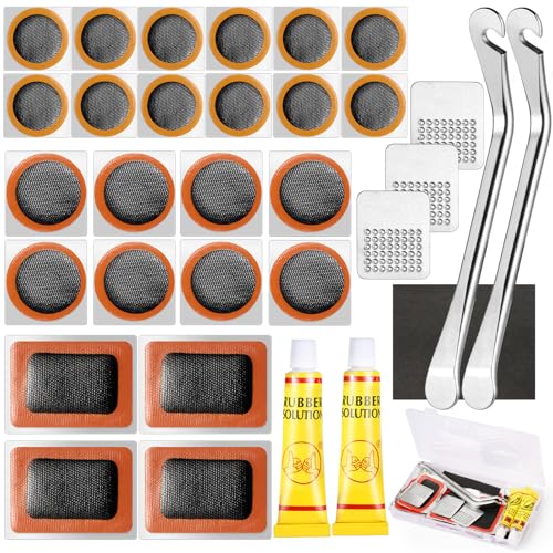 33Stks Fahrradreifen Flickset, Tragbares Fahrrad Flickzeug Set, Fahrradpannen Reparaturset mit Hebel Metallraspeln Kleber Schleifpapier, Fahrradschlauch Reparaturset für Pendlerfahrräder BMX Reifen
