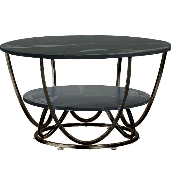 Image of Round Coffee Table Modern Sofa Side End Table for Living Room Center Table with 2 Shelf Storage Wooden Marble Print Tabletop Full Black