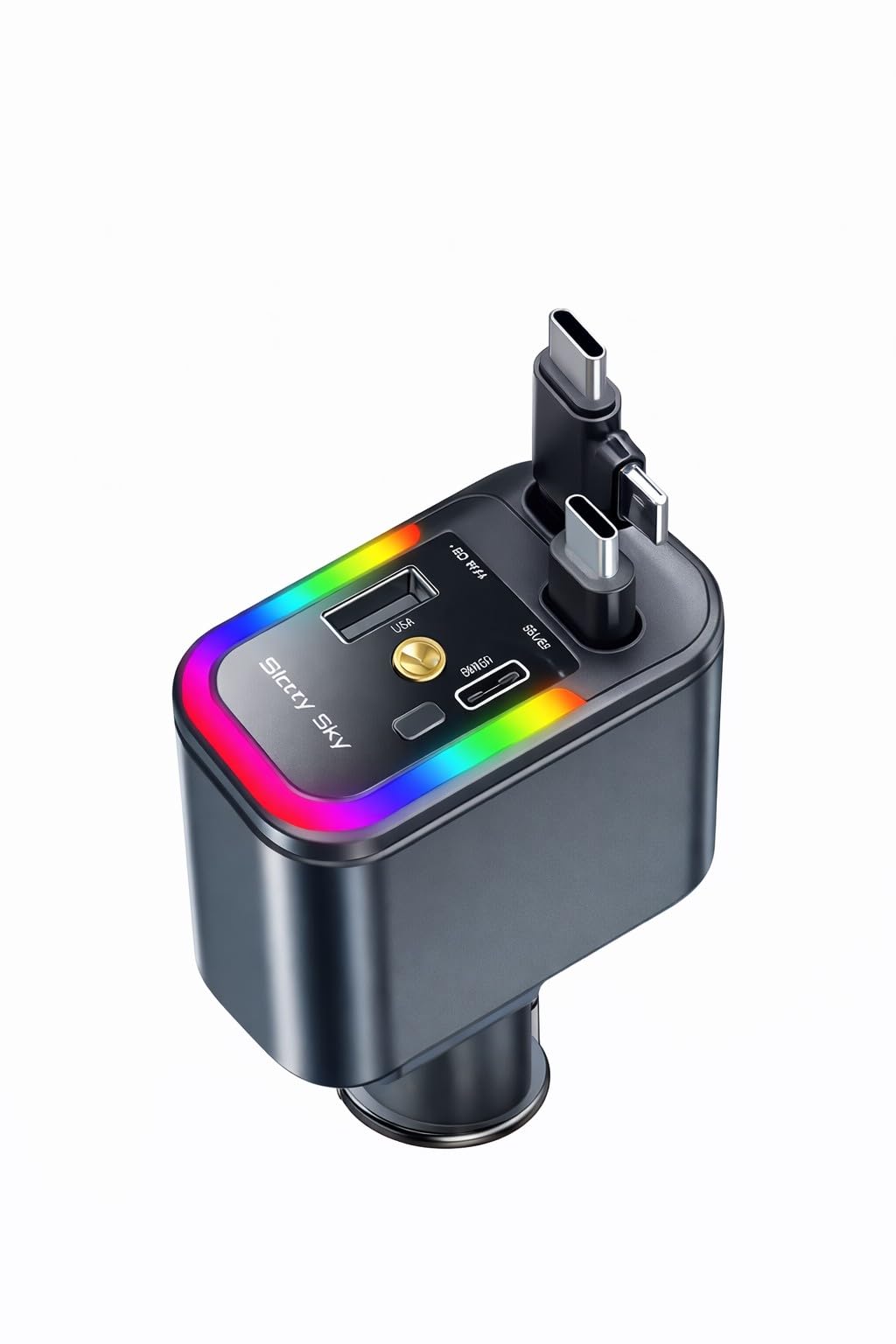 RGV 180 Watt Starry Light with RGB Light Car Charger with PD3.0 & QC3.0 Fast Charging | Dual USB & Type-C Ports | 5 Device Charging | Built-in C-Type & Lightning Cable for iPhone, Android Grey-image-31