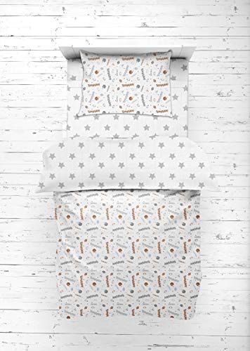 Bacati - Muslin Sports 4 Piece Boys Toddler Bedding Set 100 Percent Cotton Includes Reversible Comforter, Fitted Sheet, Top Sheet, and Pillow Case (4 pc Toddler Bedding Set, Football Brown/Grey)