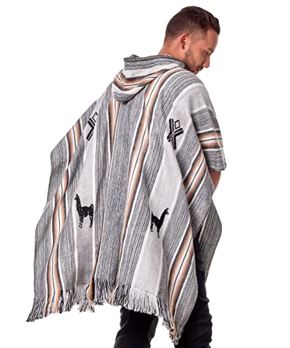 Alpaca Hooded Poncho for Men - Hippie Cloak Cape with hood - Mens Traditional Serape knitted with alpaca wool (White)2
