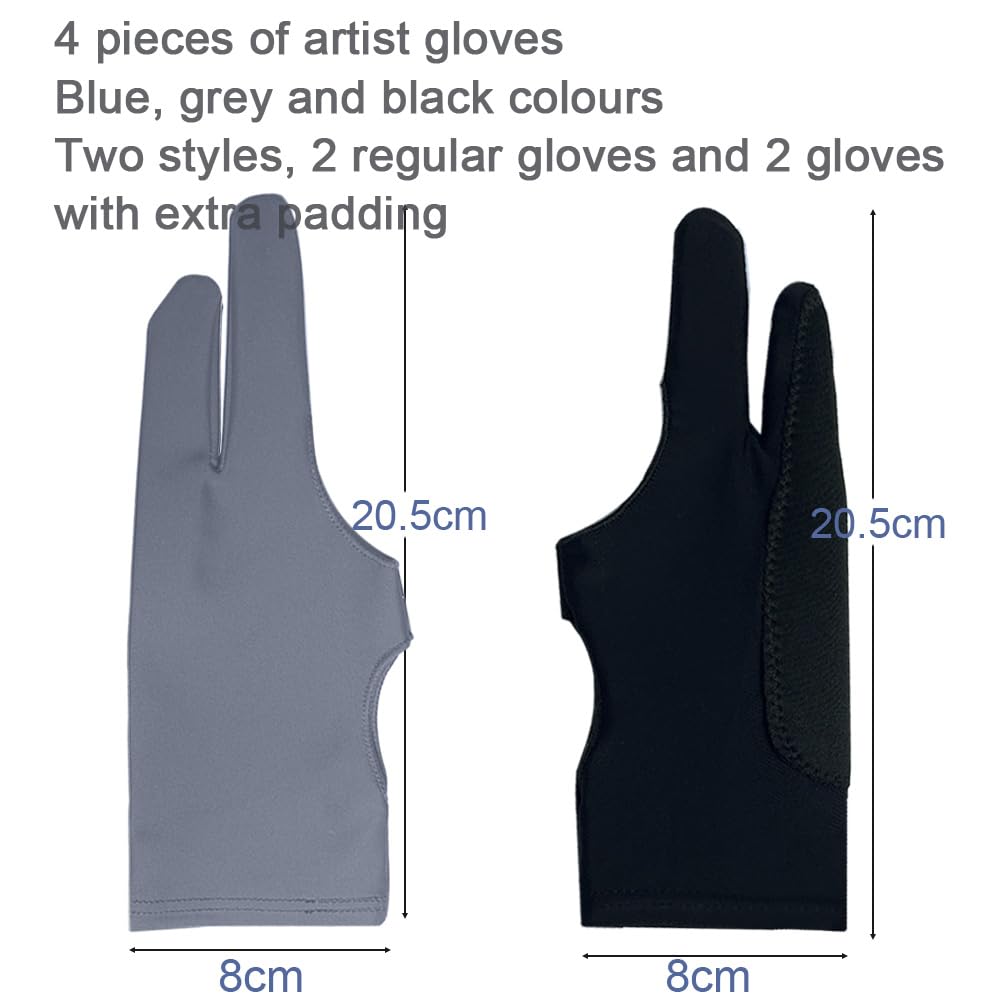 Gzingen 4 PCS Artist Glove for Drawing Tablets, 2 Finger Drawing Glove, Left Right Hand, Blue Gray Black, Ambidextrous, 4 Count