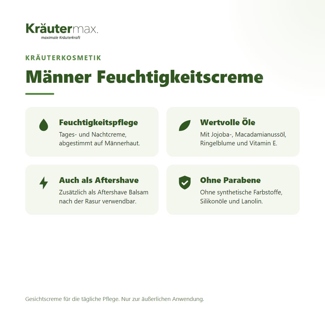Kräutermax Gesichtscreme Männer Feuchtigkeitscreme für Gesichtspflege auch als After Shave Herren 1 x 100 ml mit Jojobaöl, Macadamianussöl, Ringelblume, Kamille und Vitamin E