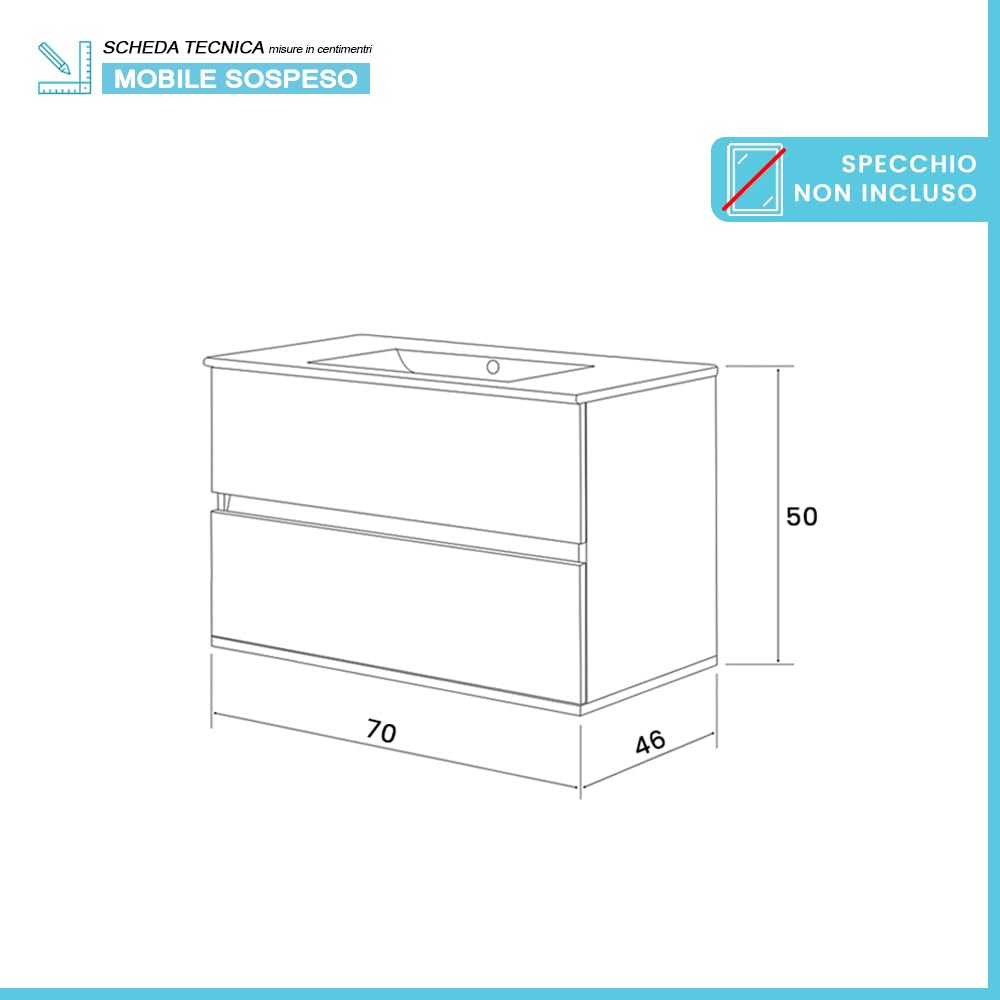Inbagno Mobile Bagno Sospeso 70 cm Rovere Bianco – Mobiletto Con Lavabo In Ceramica E 2 Cassettoni Soft-Close – Linea Nadia
