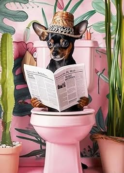DYHOLILAND Fashion Funny Animals Wall Art Chihuahua Reading Newspaper Poster For Boys Girls Room Decor-Pink Bathroom Art Canvas Print Picture For Apartment Home Living Bedroom Decor
