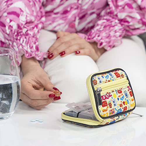 Image of Made Easy Kit Pill Case - Weekly Medicine Organizer with Removable Seven-Day Vitamin & Supplement Box - Premium Neoprene for Travel Purse Accessory (Yellow Music Lover)