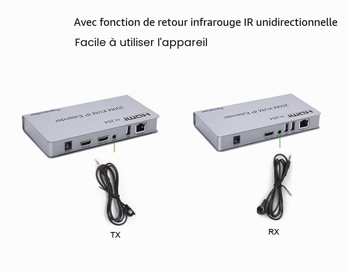 Extendeur IP KVM HDMI 200M, sur IP RJ45 Ethernet CAT6 6A émetteur récepteur 1 TX à 20 RX et connexion en cascade USB clavier souris sur UTP/STP H.264 (TX+RX)